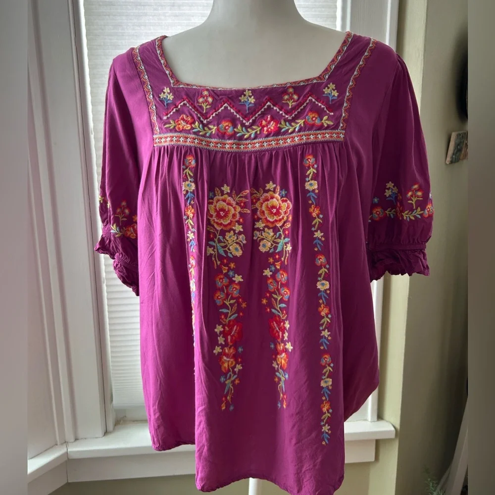 Savanna Jane Shirt Embroidery Floral Purple Women's Top Festival Boho Size Med - Picture 2 of 10